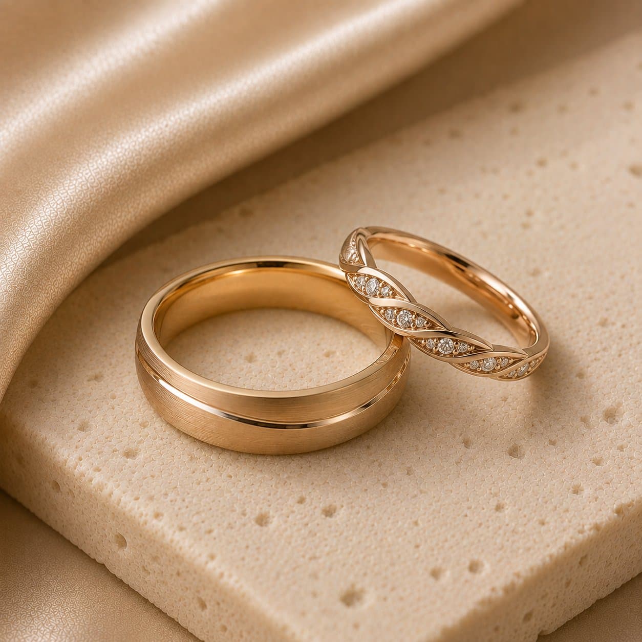 Yellow gold grooved band with a twisted rose gold diamond band