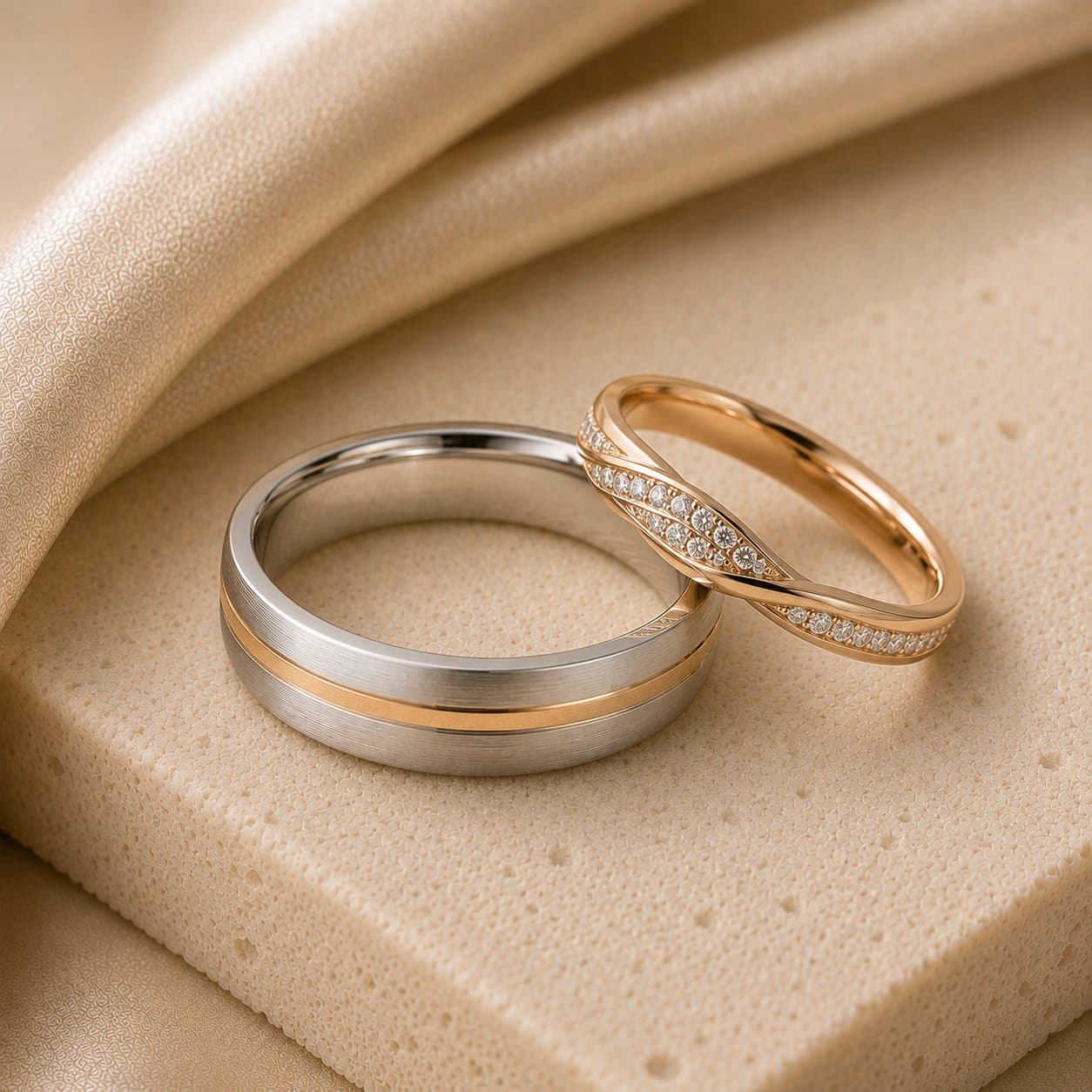White gold band with a rose gold groove and twisted pavé band
